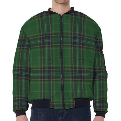 Green And Blue Stewart Tartan Print Zip Sleeve Bomber Jacket