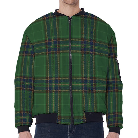 Green And Blue Stewart Tartan Print Zip Sleeve Bomber Jacket