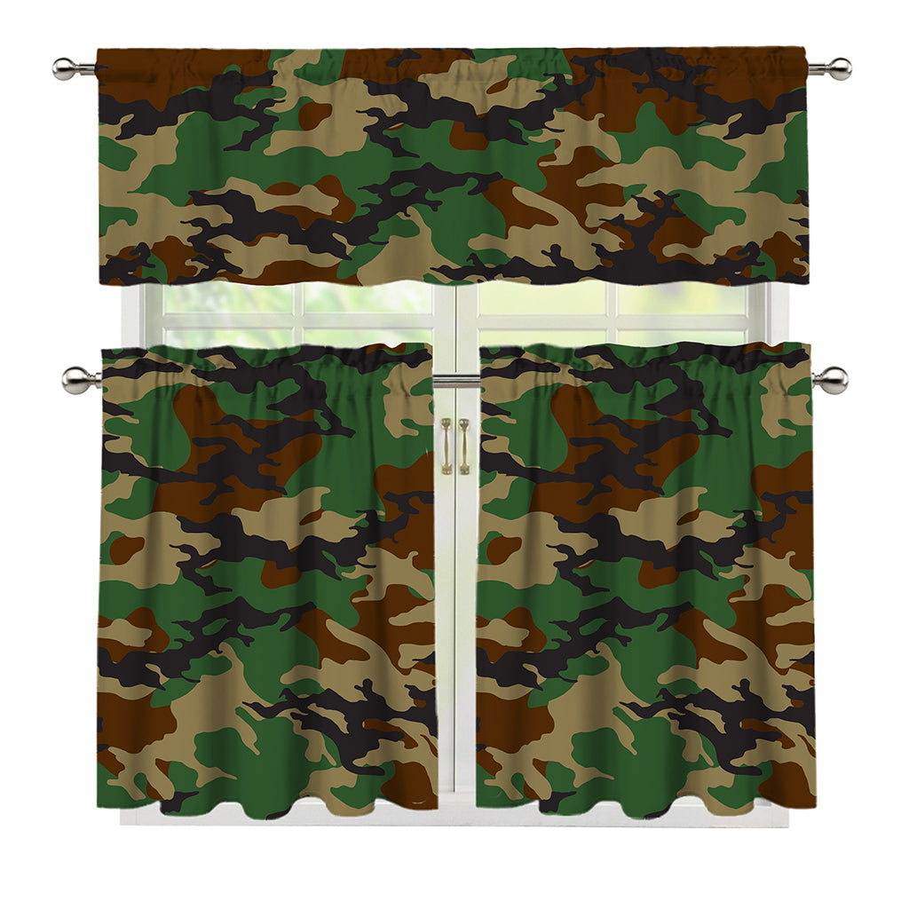 Green And Brown Camouflage Print 3 Piece Kitchen Curtains