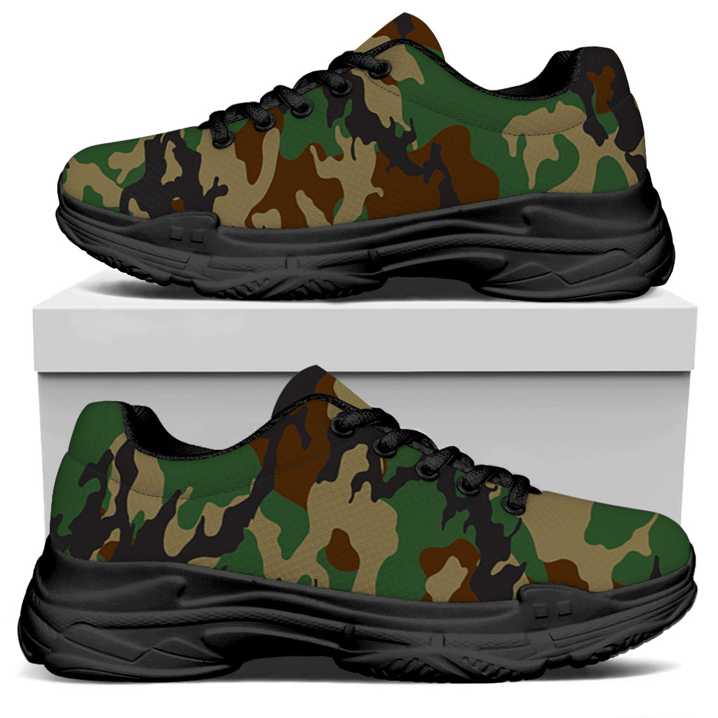 Green And Brown Camouflage Print Black Chunky Shoes