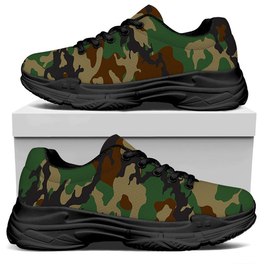 Green And Brown Camouflage Print Black Chunky Shoes
