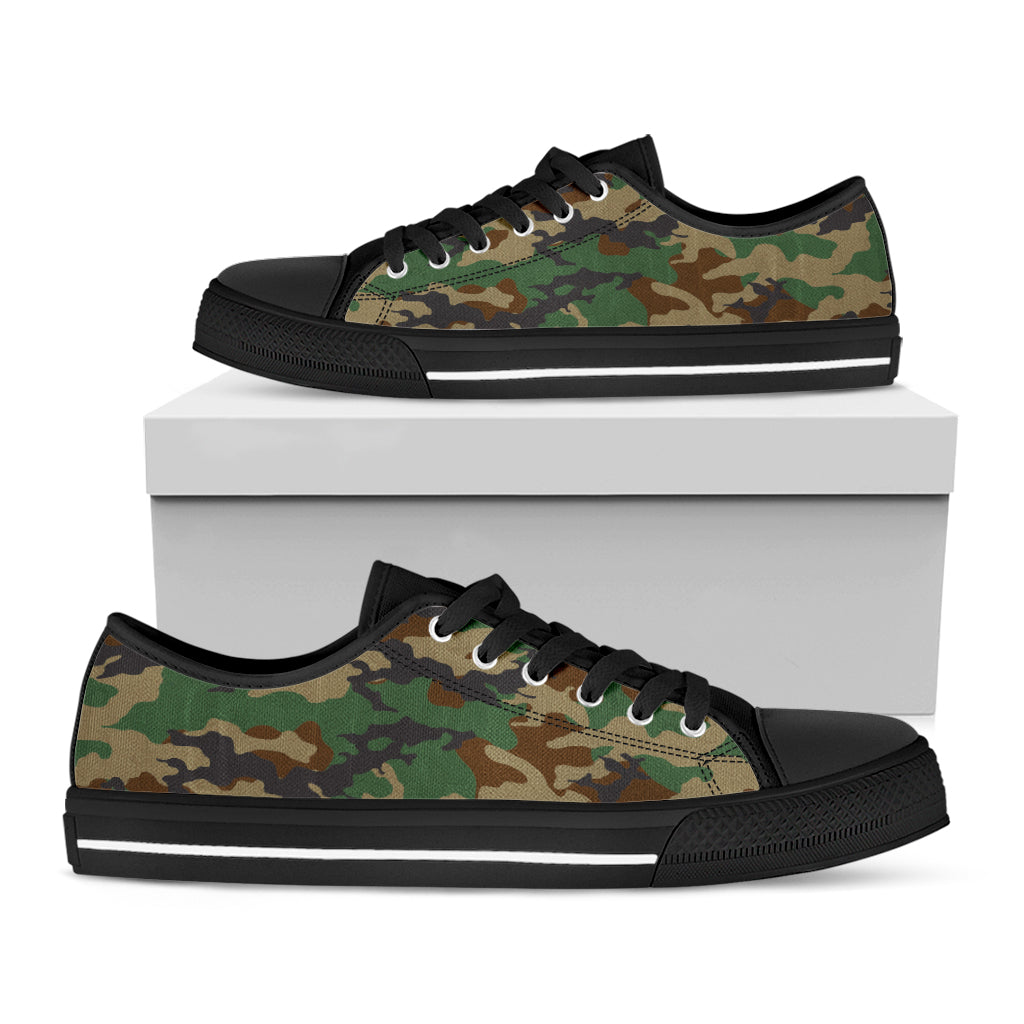 Green And Brown Camouflage Print Black Low Top Sneakers