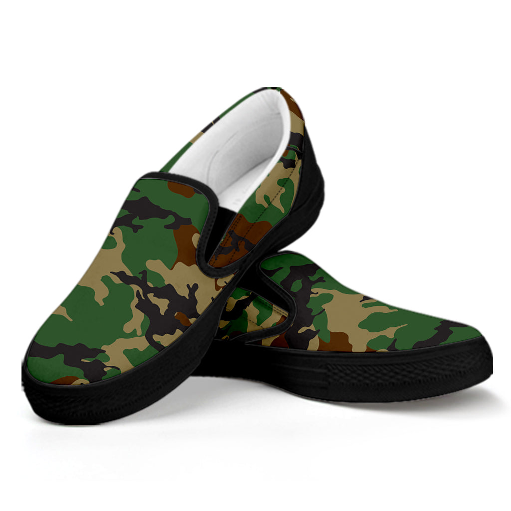 Green And Brown Camouflage Print Black Slip On Sneakers