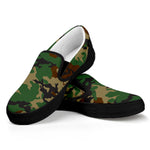 Green And Brown Camouflage Print Black Slip On Sneakers