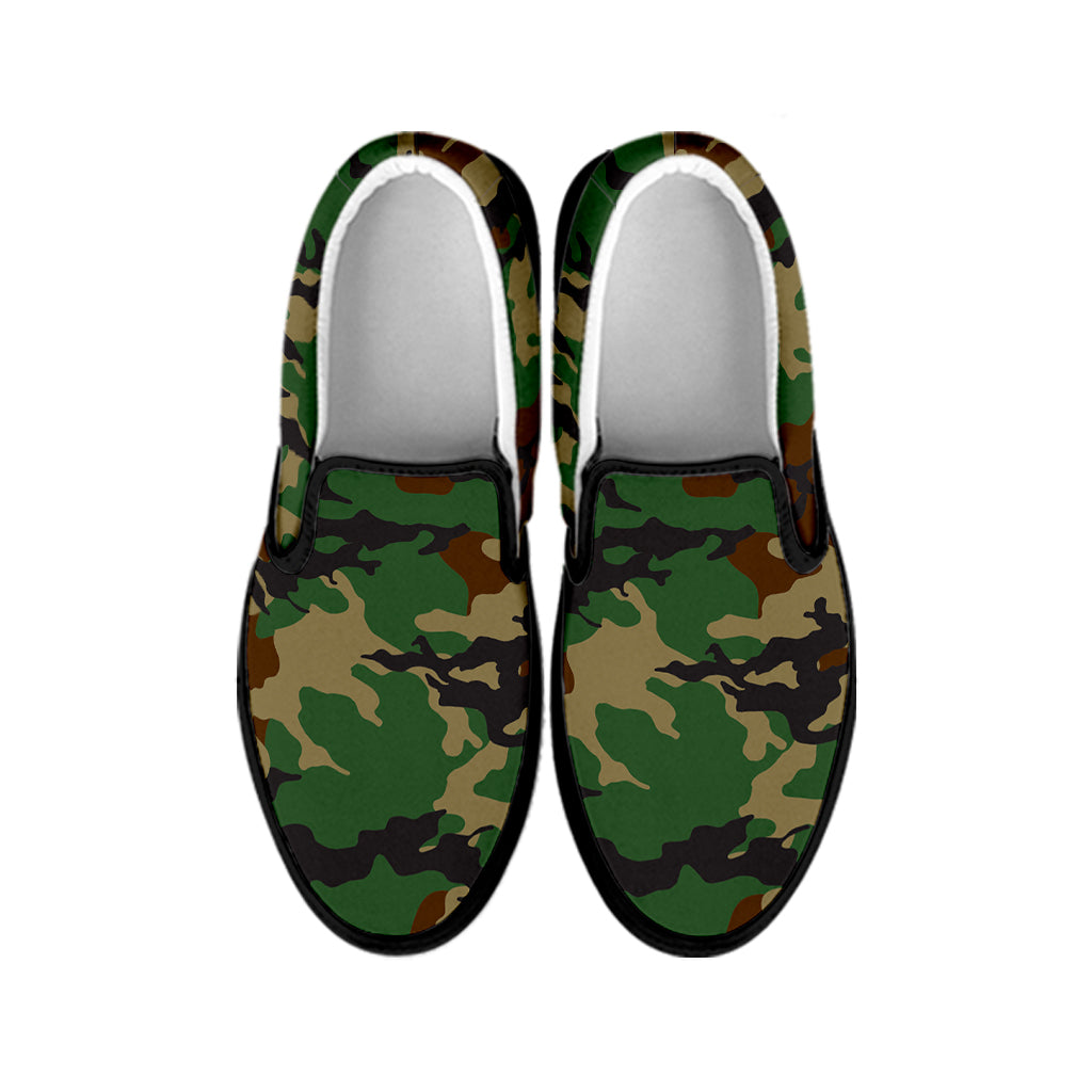 Green And Brown Camouflage Print Black Slip On Sneakers