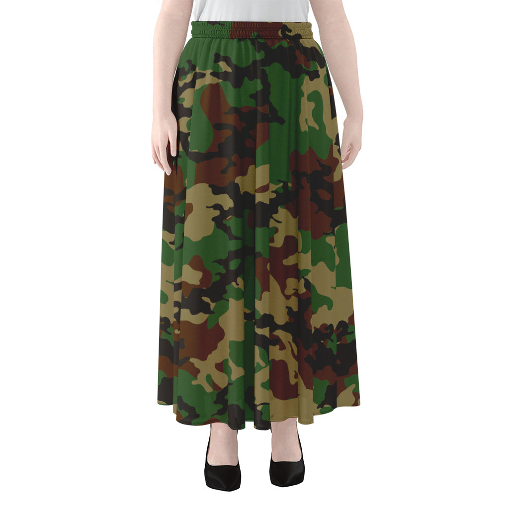 Green And Brown Camouflage Print Chiffon Maxi Skirt