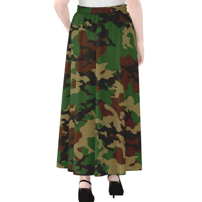 Green And Brown Camouflage Print Chiffon Maxi Skirt
