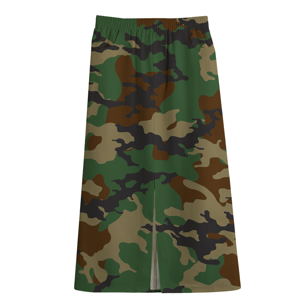 Green And Brown Camouflage Print Cotton Front Slit Maxi Skirt