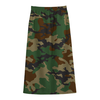 Green And Brown Camouflage Print Cotton Front Slit Maxi Skirt