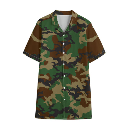 Green And Brown Camouflage Print Cotton Hawaiian Shirt