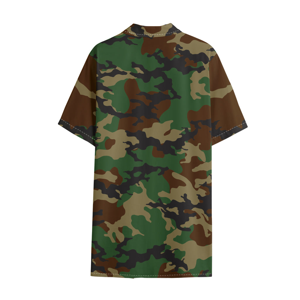 Green And Brown Camouflage Print Cotton Hawaiian Shirt