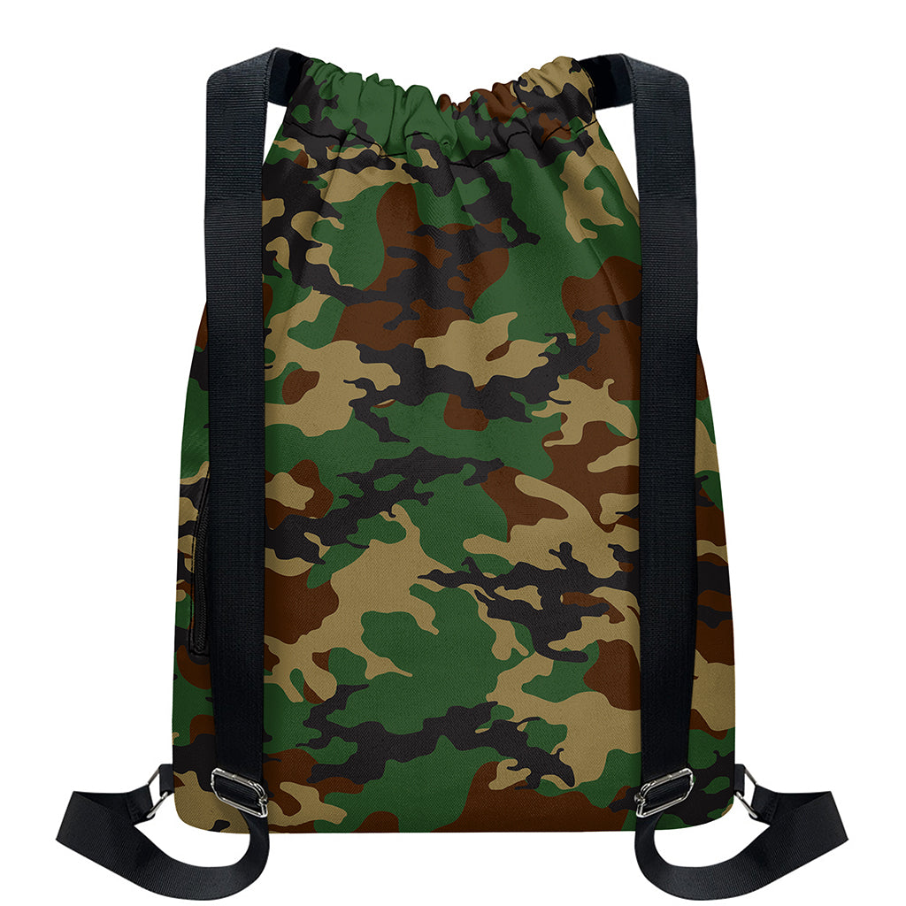 Green And Brown Camouflage Print Drawstring Backpack