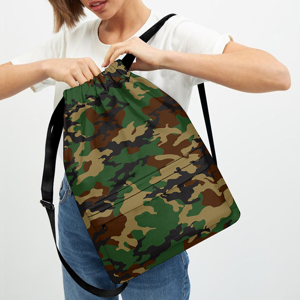 Green And Brown Camouflage Print Drawstring Backpack