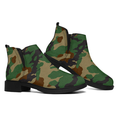 Green And Brown Camouflage Print Flat Ankle Boots