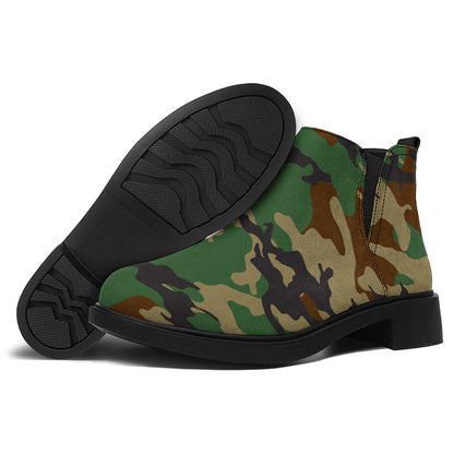 Green And Brown Camouflage Print Flat Ankle Boots