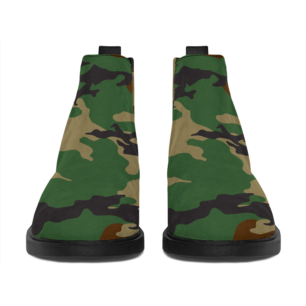 Green And Brown Camouflage Print Flat Ankle Boots
