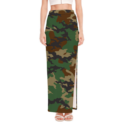 Green And Brown Camouflage Print High Slit Maxi Skirt