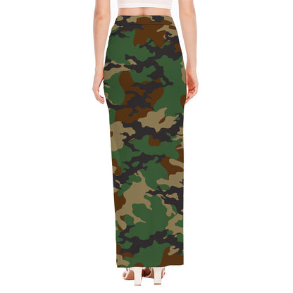 Green And Brown Camouflage Print High Slit Maxi Skirt