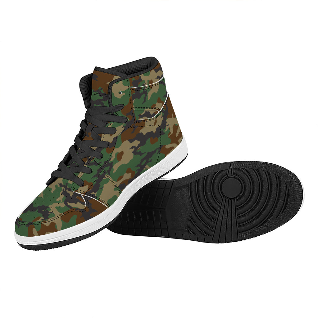 Green And Brown Camouflage Print High Top Leather Sneakers