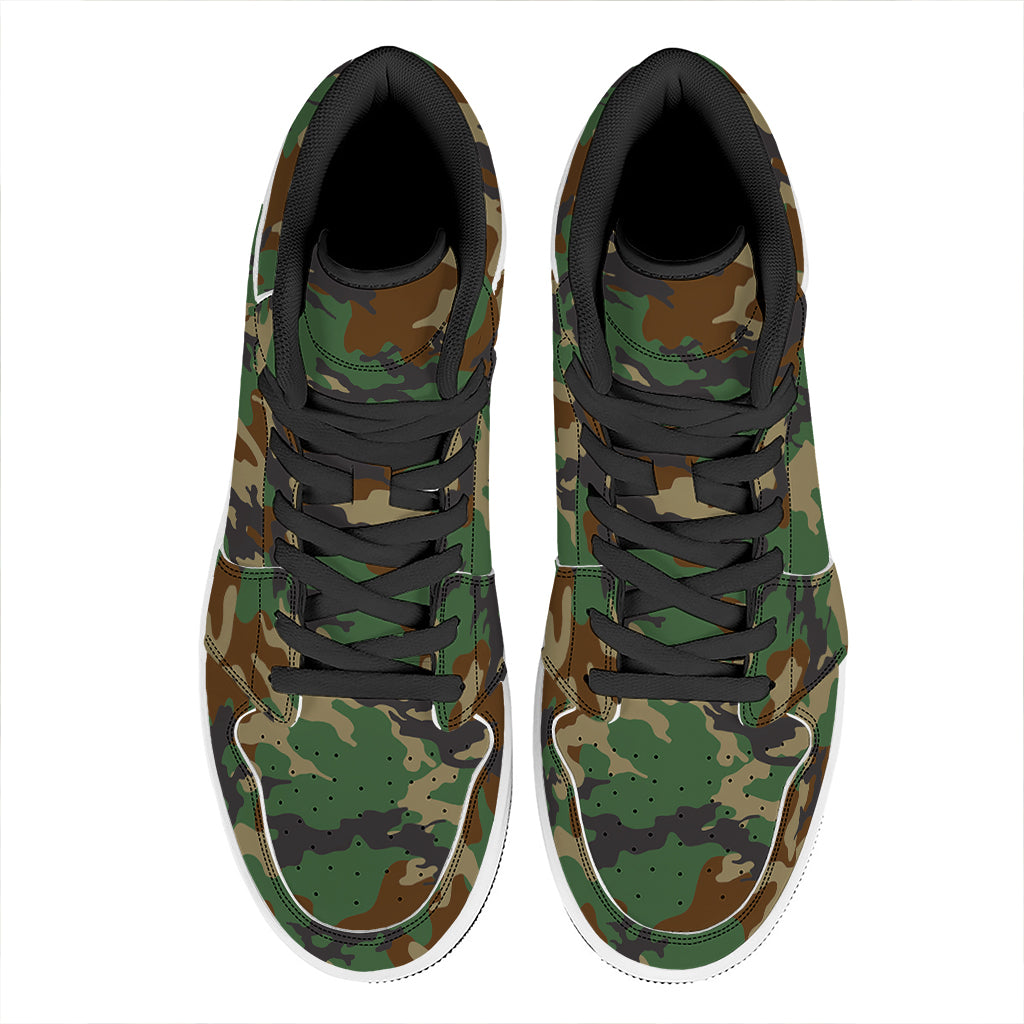 Green And Brown Camouflage Print High Top Leather Sneakers