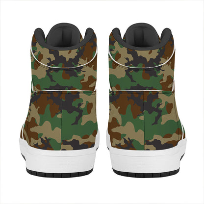 Green And Brown Camouflage Print High Top Leather Sneakers