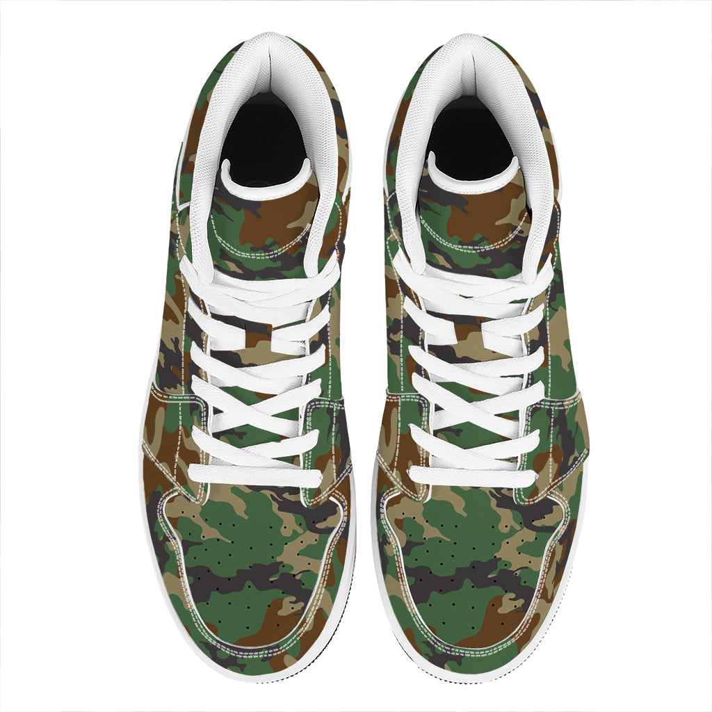 Green And Brown Camouflage Print High Top Leather Sneakers
