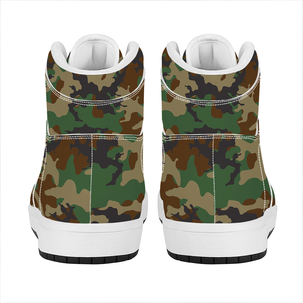 Green And Brown Camouflage Print High Top Leather Sneakers