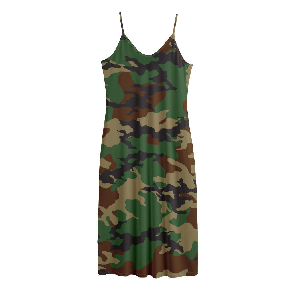 Green And Brown Camouflage Print Jersey Midi Cami Dress