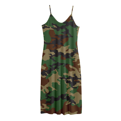 Green And Brown Camouflage Print Jersey Midi Cami Dress