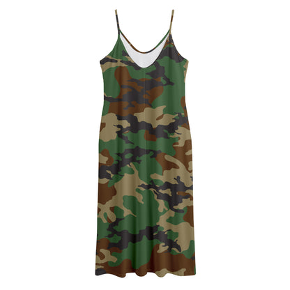 Green And Brown Camouflage Print Jersey Midi Cami Dress