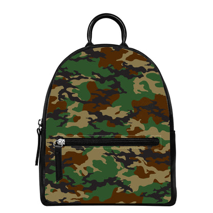 Green And Brown Camouflage Print Leather Backpack