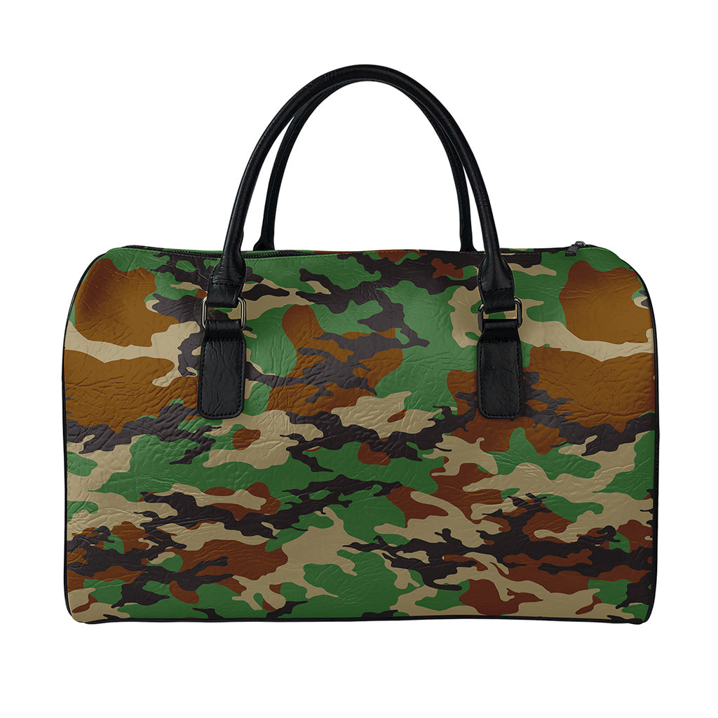 Green And Brown Camouflage Print Leather Duffle Bag