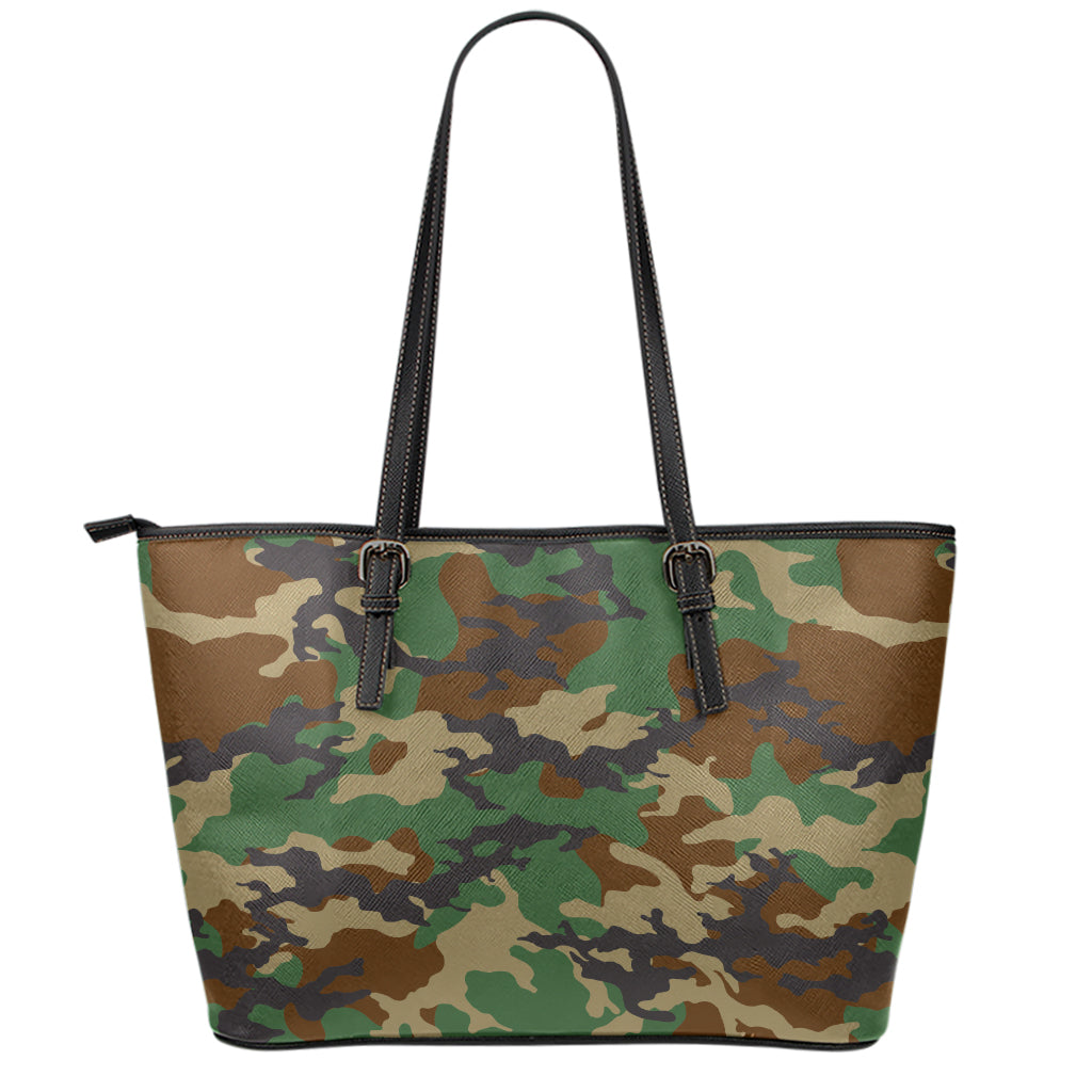 Green And Brown Camouflage Print Leather Tote Bag