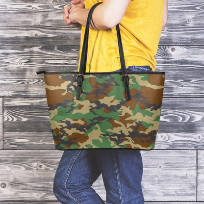 Green And Brown Camouflage Print Leather Tote Bag