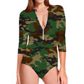 Green And Brown Camouflage Print Long Sleeve Swimsuit