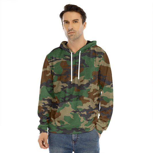 Green And Brown Camouflage Print Men's Velvet Pullover Hoodie