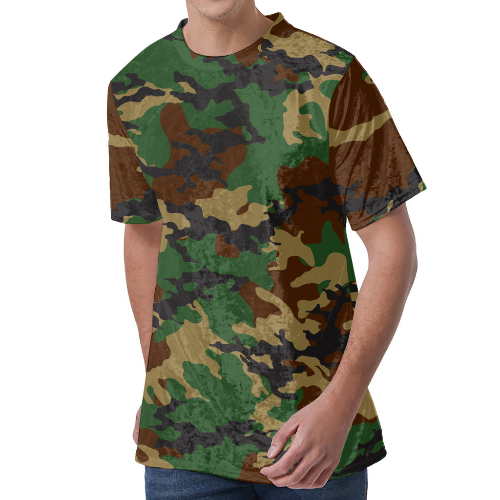 Green And Brown Camouflage Print Men's Velvet T-Shirt