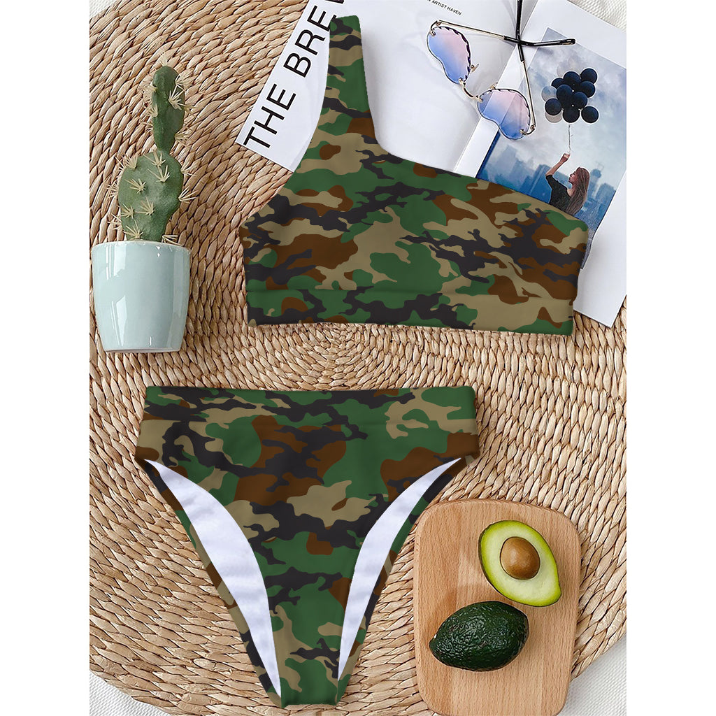 Green And Brown Camouflage Print One Shoulder Bikini Top