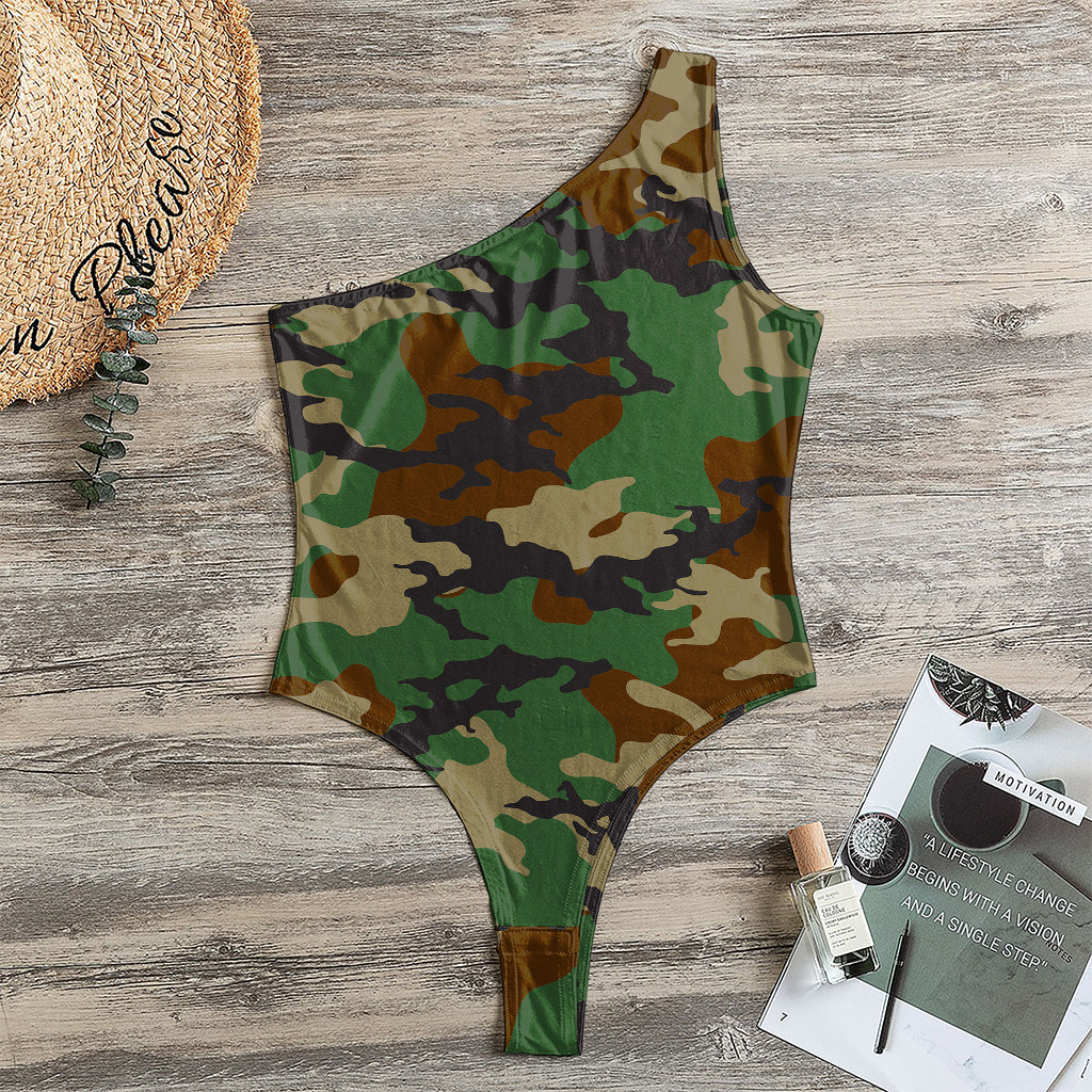 Green And Brown Camouflage Print One Shoulder Bodysuit