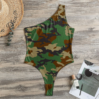 Green And Brown Camouflage Print One Shoulder Bodysuit
