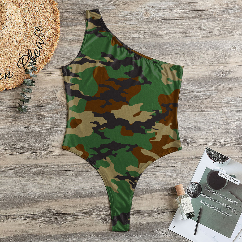 Green And Brown Camouflage Print One Shoulder Bodysuit
