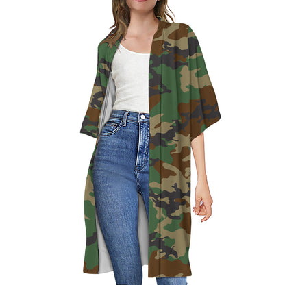 Green And Brown Camouflage Print Open Front Beach Cover Up
