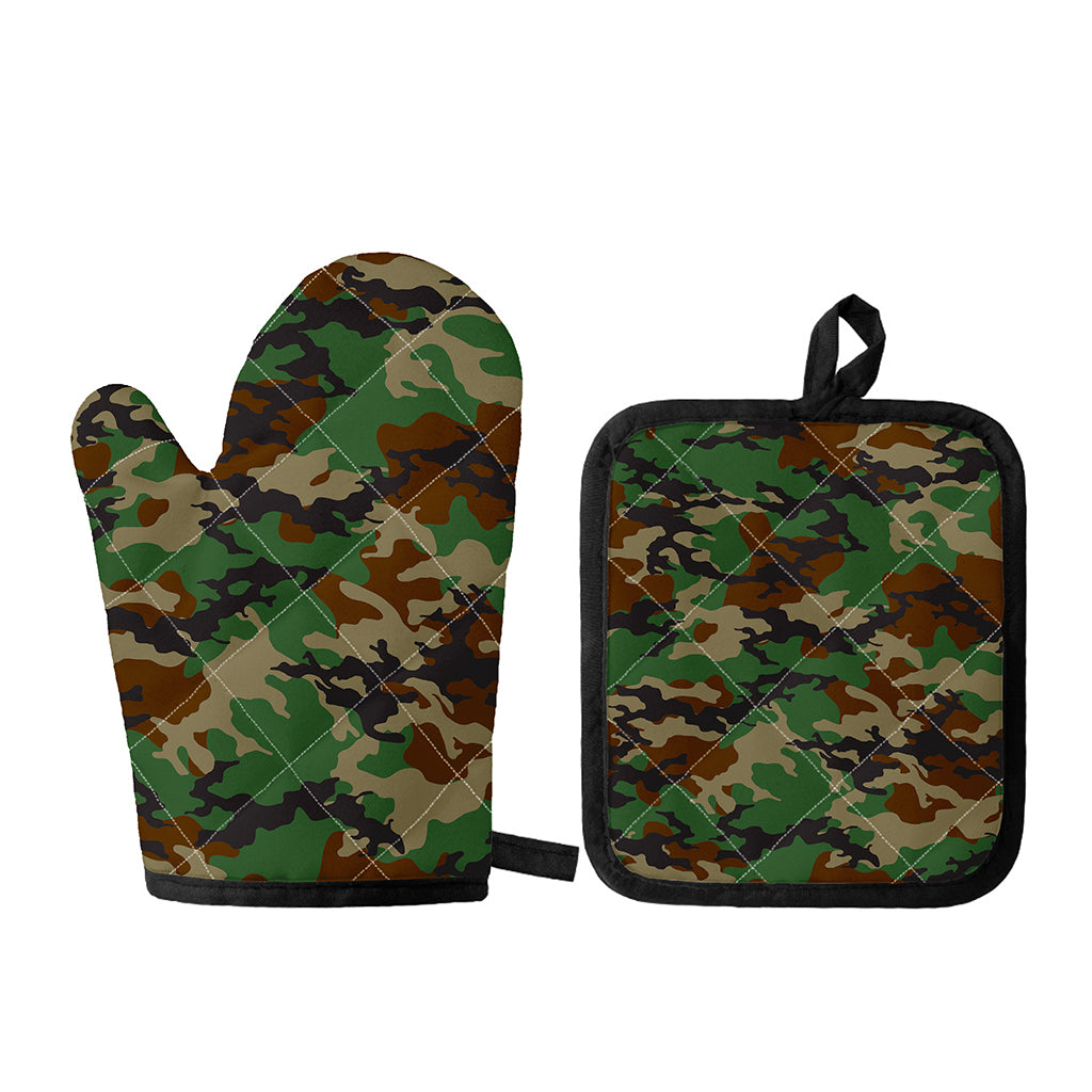 Green And Brown Camouflage Print Oven Mitt And Pot Holder Set