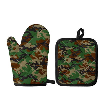 Green And Brown Camouflage Print Oven Mitt And Pot Holder Set