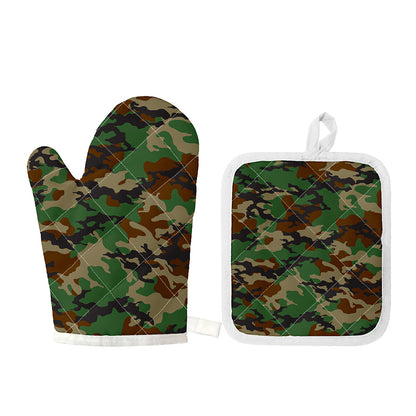 Green And Brown Camouflage Print Oven Mitt And Pot Holder Set