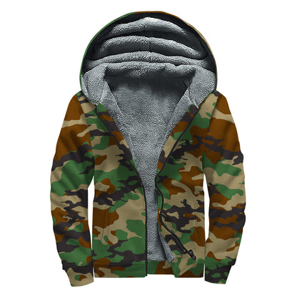 Green And Brown Camouflage Print Sherpa Lined Zip Up Hoodie