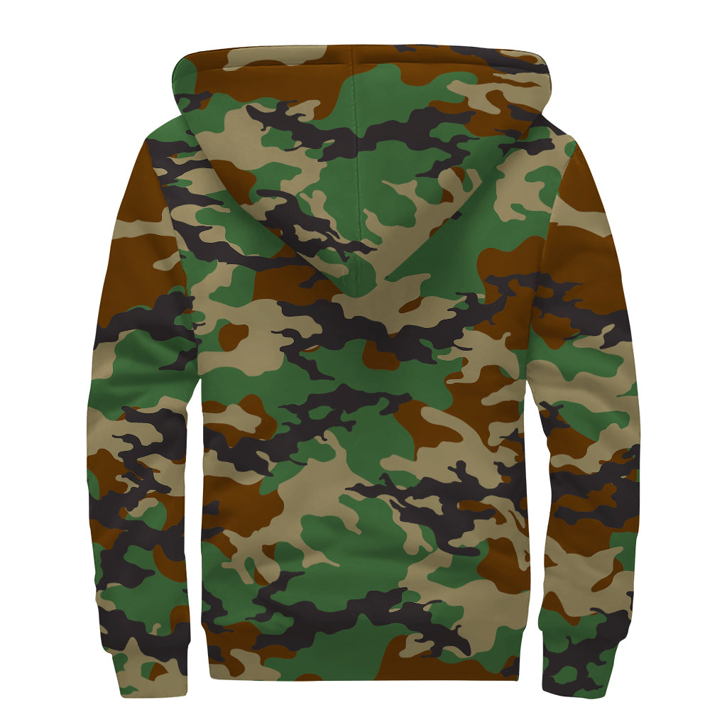 Green And Brown Camouflage Print Sherpa Lined Zip Up Hoodie