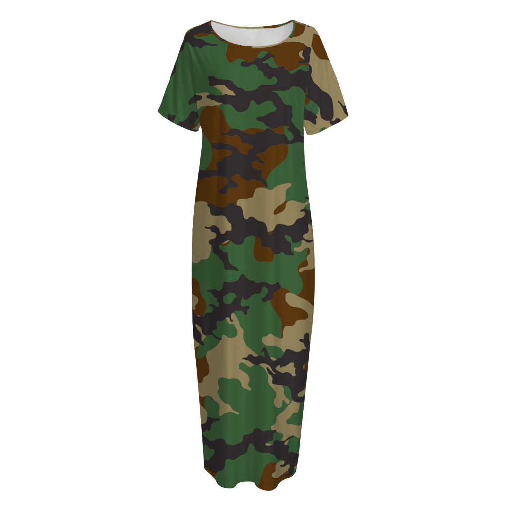 Green And Brown Camouflage Print Short Sleeve Long Nightdress