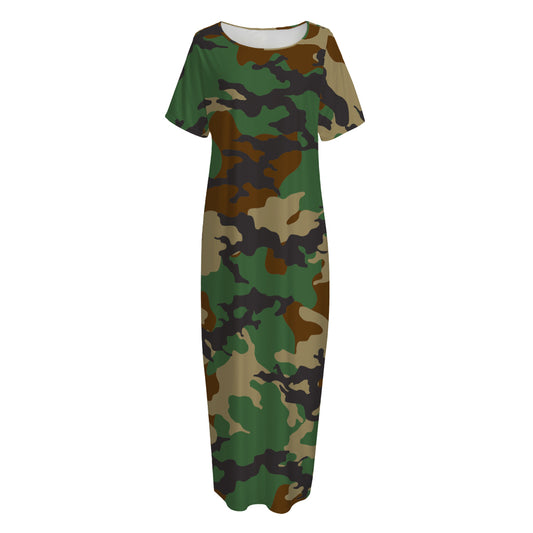 Green And Brown Camouflage Print Short Sleeve Long Nightdress