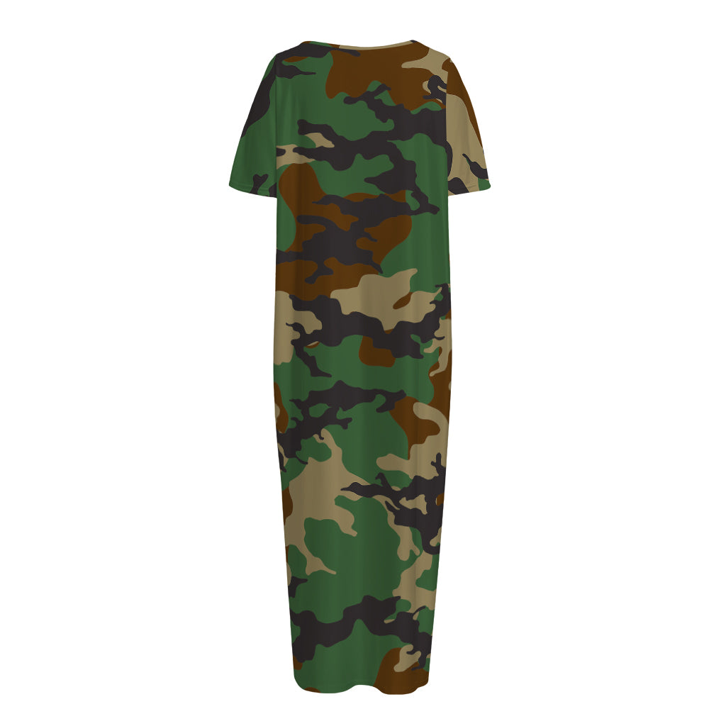 Green And Brown Camouflage Print Short Sleeve Long Nightdress